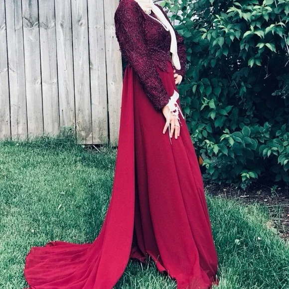 Modest burgundy long sleeve maxi dress with lace top & train with zipper… - Picture 5 of 8